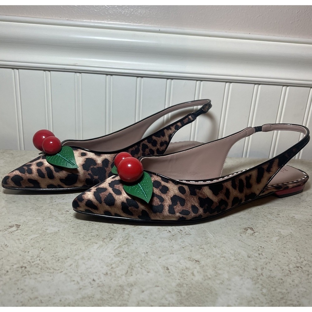 Betsey Johnson Junniper Leopard Print Cherry Slingback Pointed Flat Shoes Sz 9.5